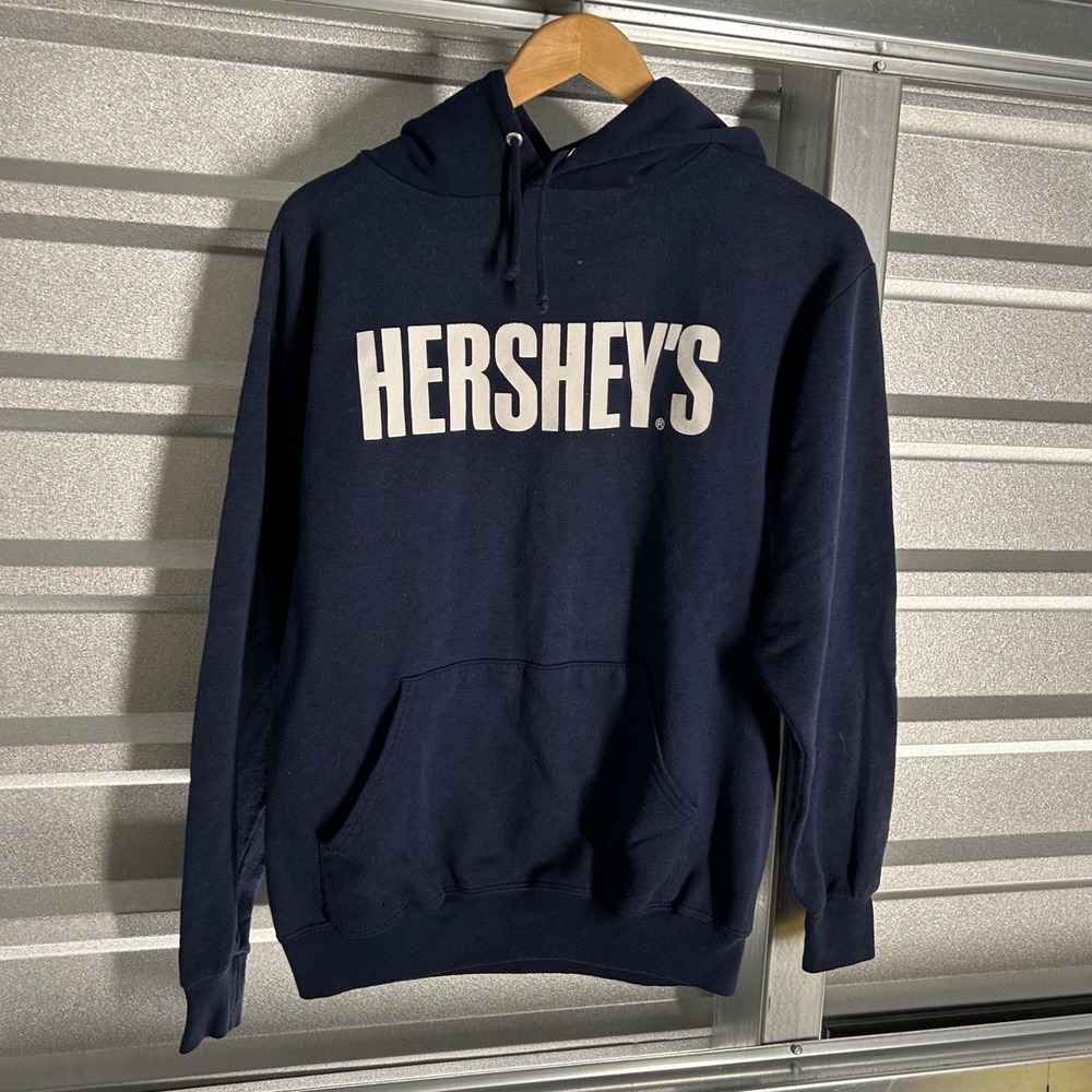 Vintage Jerzees Hershey's Logo Hoodie Mens Size M Navy Blue Pullover Sweatshirt